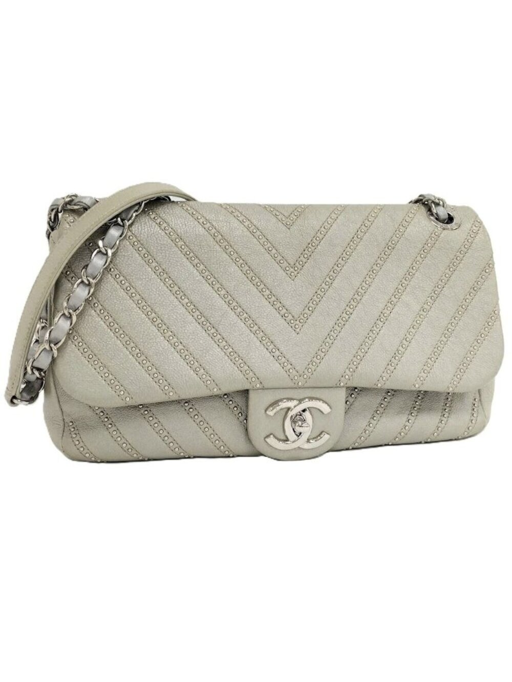 Chanel Chevron Chain Shoulder Bag V-stitch Studs Leather Gray